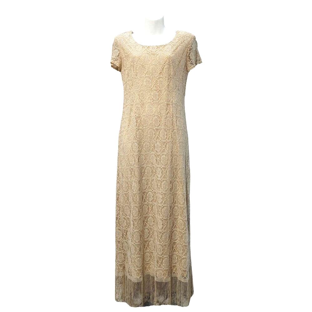 Vintage Jessica Howard Lace Maxi Dress Gold Metallic Fringed Hem Womens Size 8